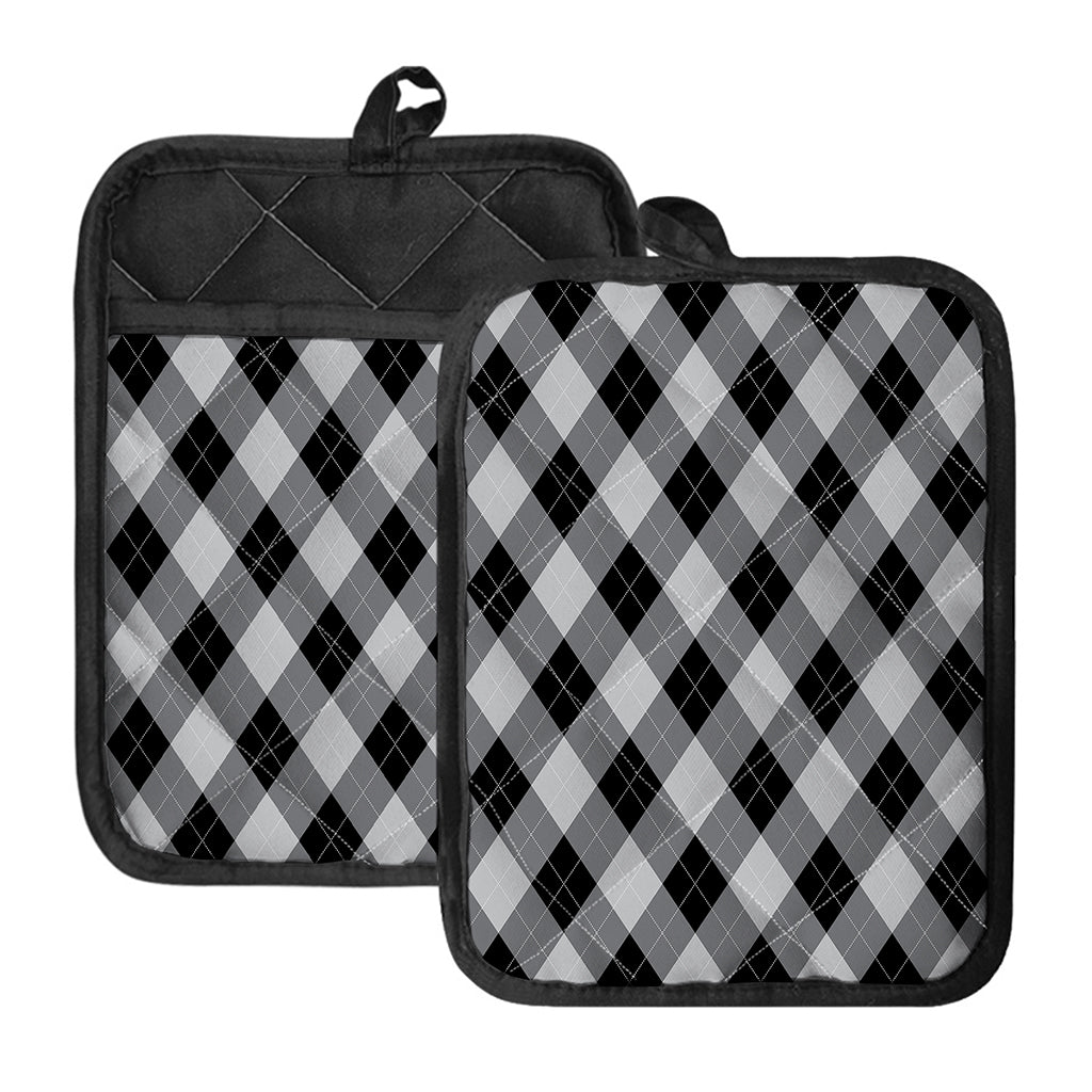 Grey And Black Argyle Pattern Print Pot Holders With Pocket