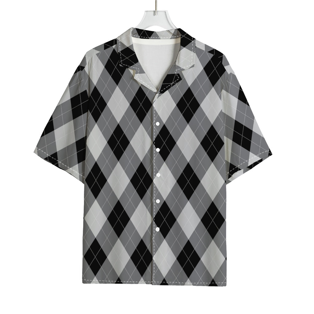 Grey And Black Argyle Pattern Print Rayon Hawaiian Shirt