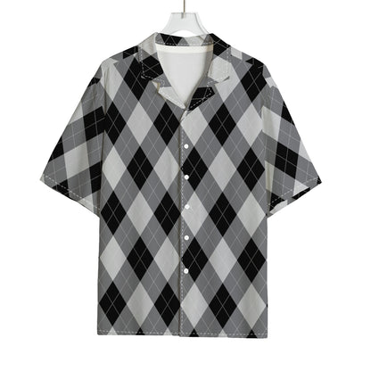 Grey And Black Argyle Pattern Print Rayon Hawaiian Shirt