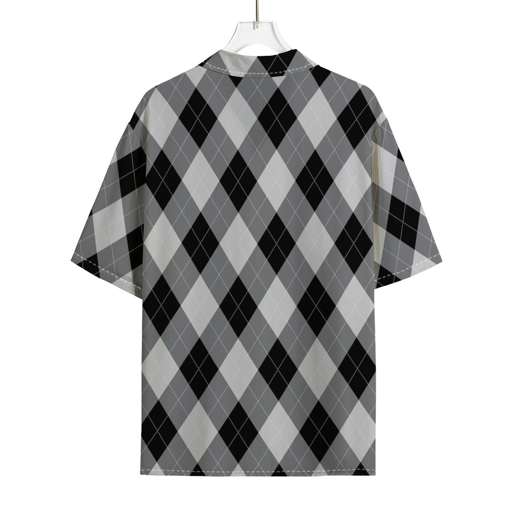 Grey And Black Argyle Pattern Print Rayon Hawaiian Shirt