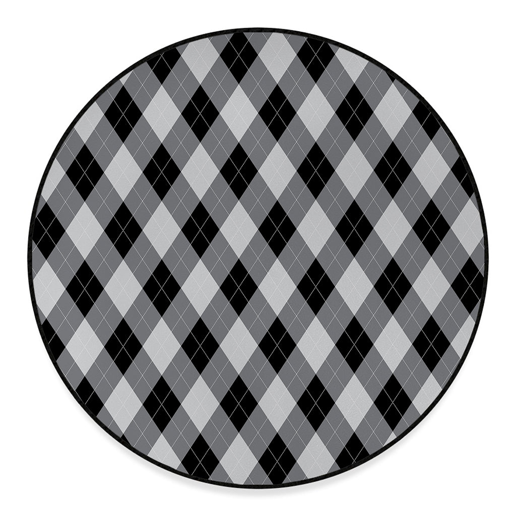Grey And Black Argyle Pattern Print Round Floor Mat