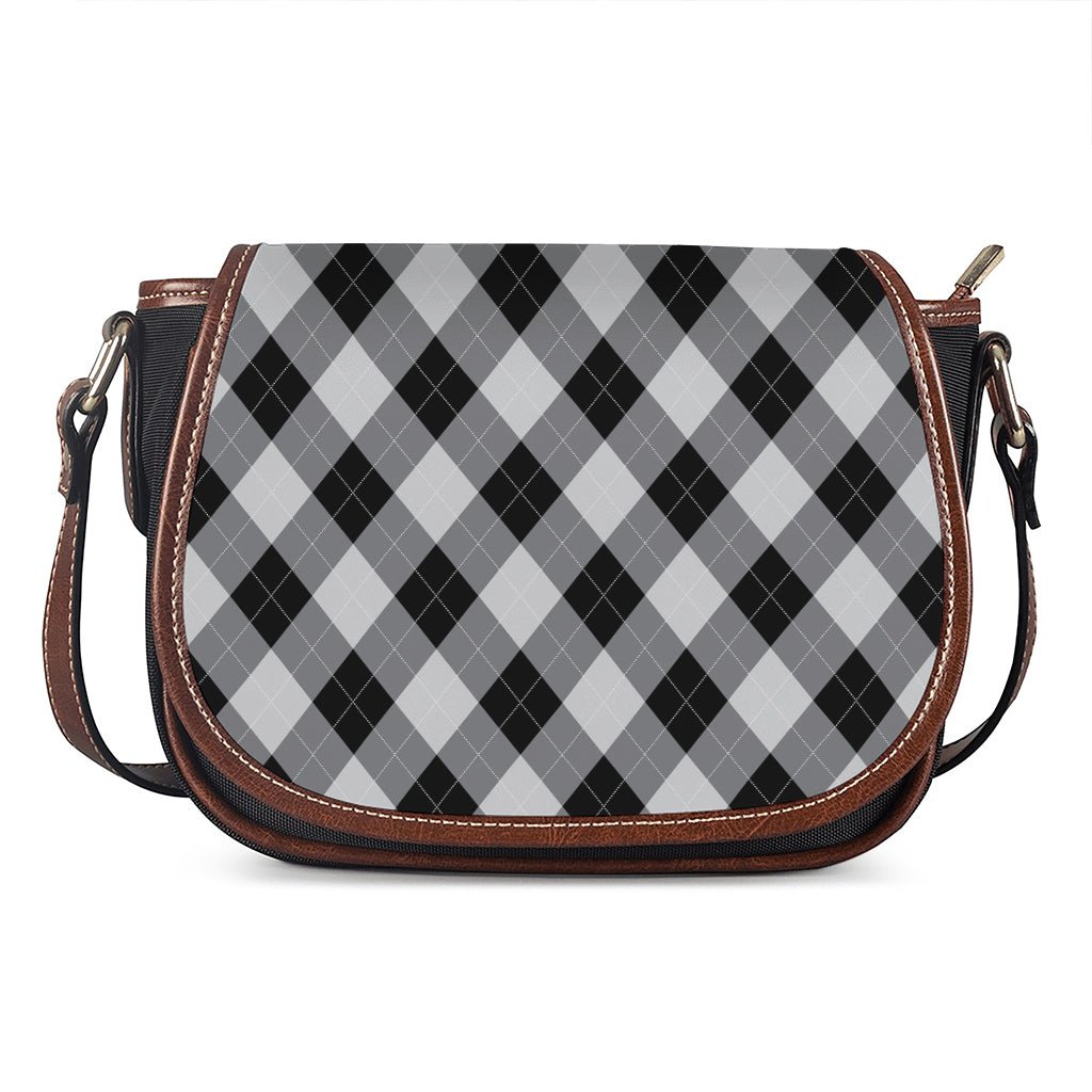 Grey And Black Argyle Pattern Print Saddle Bag