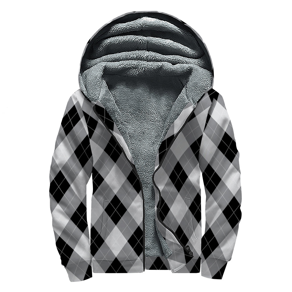 Grey And Black Argyle Pattern Print Sherpa Lined Zip Up Hoodie