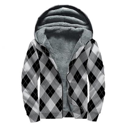 Grey And Black Argyle Pattern Print Sherpa Lined Zip Up Hoodie