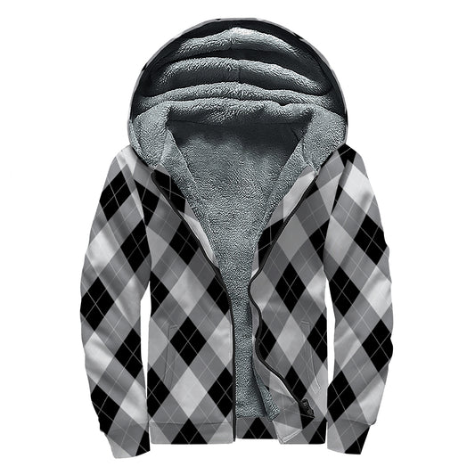Grey And Black Argyle Pattern Print Sherpa Lined Zip Up Hoodie