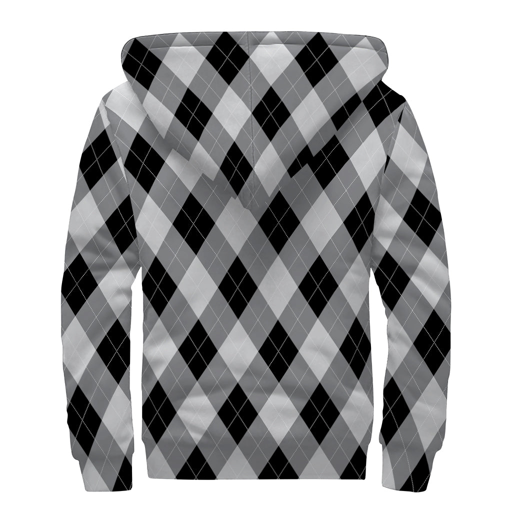 Grey And Black Argyle Pattern Print Sherpa Lined Zip Up Hoodie
