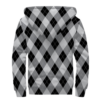 Grey And Black Argyle Pattern Print Sherpa Lined Zip Up Hoodie
