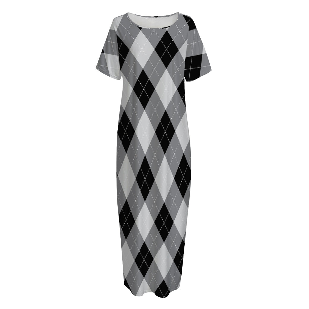 Grey And Black Argyle Pattern Print Short Sleeve Long Nightdress
