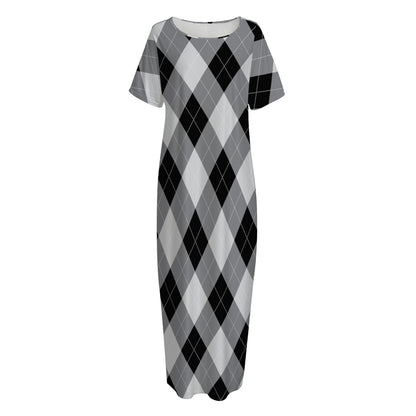Grey And Black Argyle Pattern Print Short Sleeve Long Nightdress