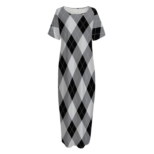 Grey And Black Argyle Pattern Print Short Sleeve Long Nightdress