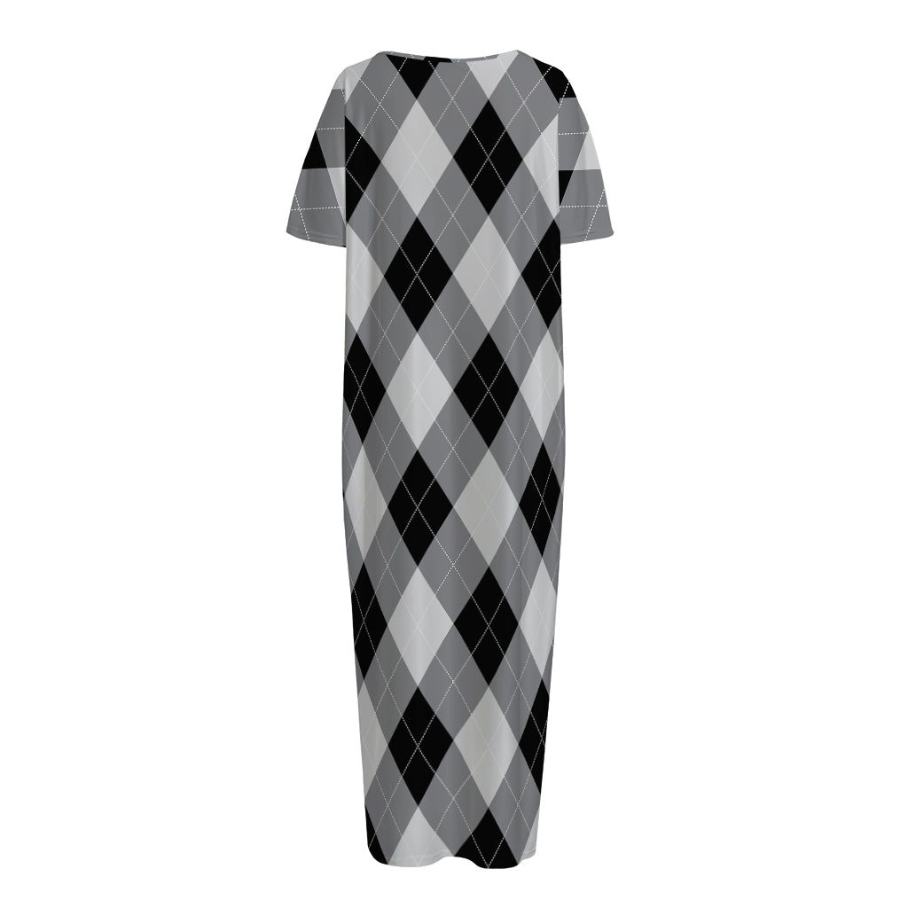 Grey And Black Argyle Pattern Print Short Sleeve Long Nightdress