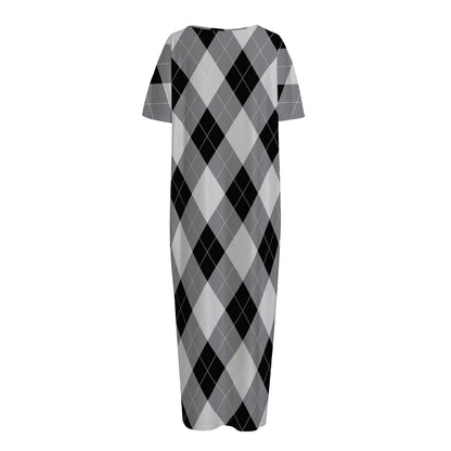 Grey And Black Argyle Pattern Print Short Sleeve Long Nightdress