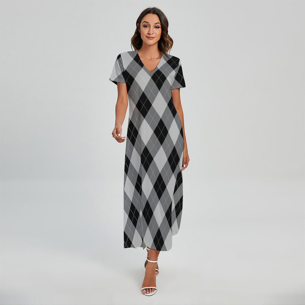 Grey And Black Argyle Pattern Print Short Sleeve Maxi Dress
