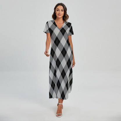 Grey And Black Argyle Pattern Print Short Sleeve Maxi Dress