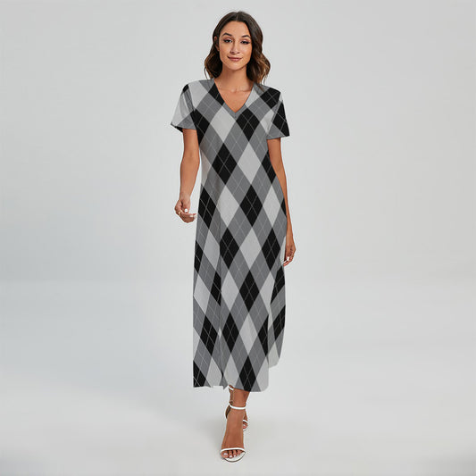 Grey And Black Argyle Pattern Print Short Sleeve Maxi Dress