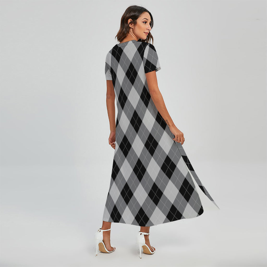 Grey And Black Argyle Pattern Print Short Sleeve Maxi Dress