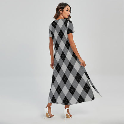 Grey And Black Argyle Pattern Print Short Sleeve Maxi Dress