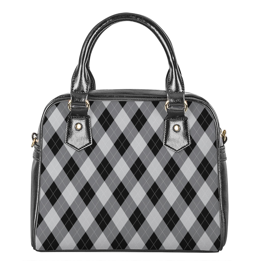 Grey And Black Argyle Pattern Print Shoulder Handbag