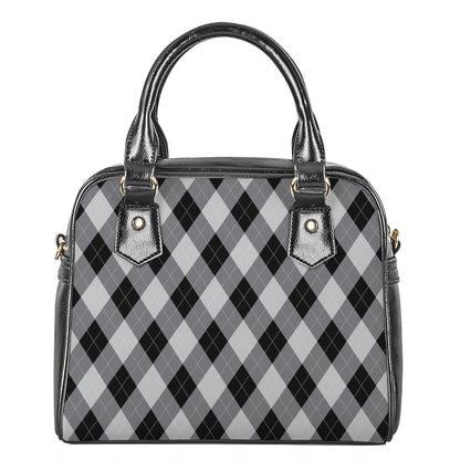 Grey And Black Argyle Pattern Print Shoulder Handbag