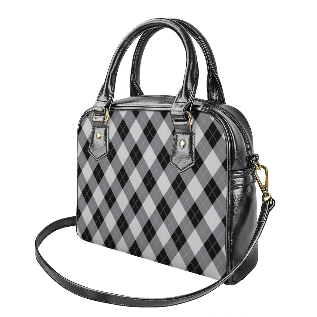 Grey And Black Argyle Pattern Print Shoulder Handbag