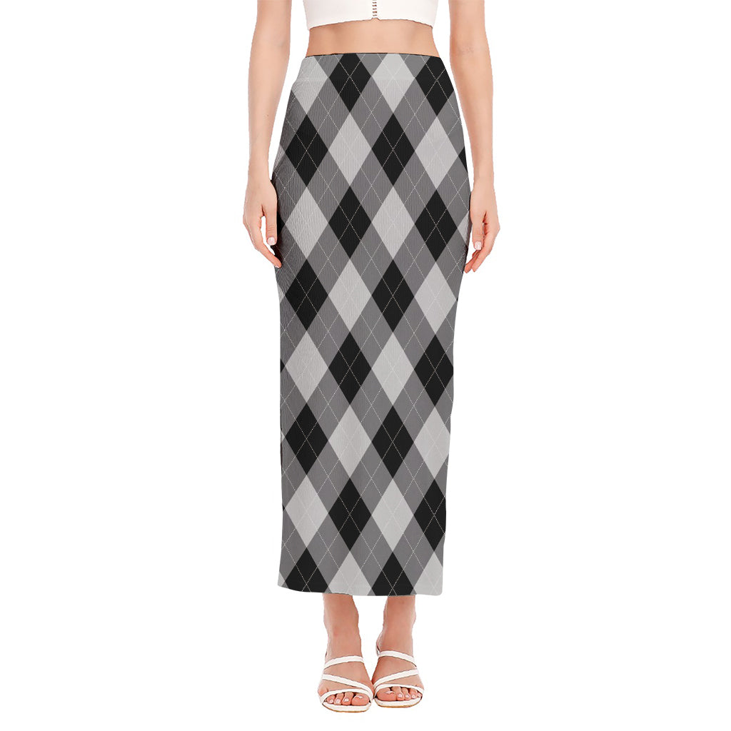 Grey And Black Argyle Pattern Print Side Slit Maxi Skirt