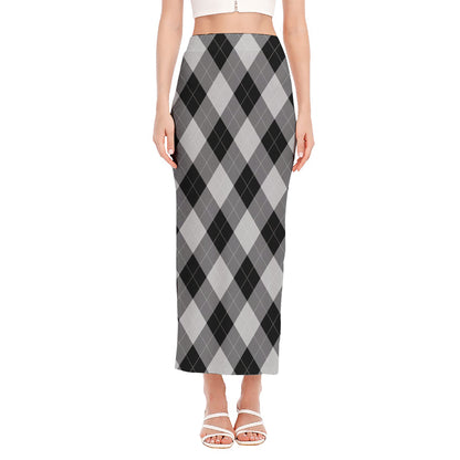 Grey And Black Argyle Pattern Print Side Slit Maxi Skirt