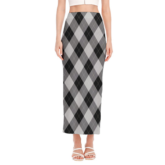 Grey And Black Argyle Pattern Print Side Slit Maxi Skirt