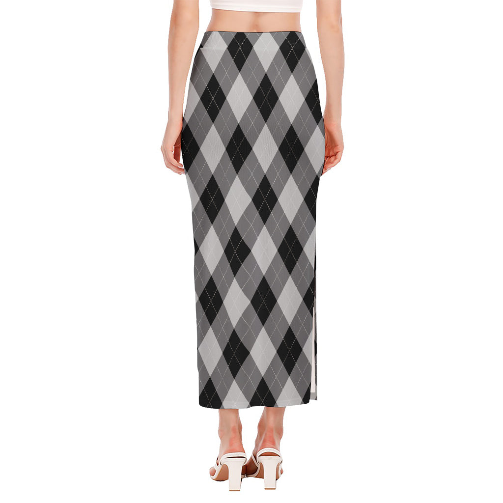 Grey And Black Argyle Pattern Print Side Slit Maxi Skirt