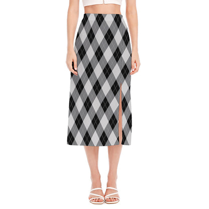 Grey And Black Argyle Pattern Print Side Slit Midi Skirt