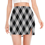 Grey And Black Argyle Pattern Print Side Slit Mini Skirt