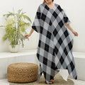 Grey And Black Argyle Pattern Print Silk V-Neck Kaftan Dress