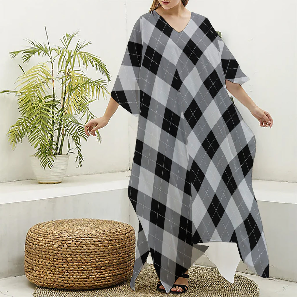 Grey And Black Argyle Pattern Print Silk V-Neck Kaftan Dress