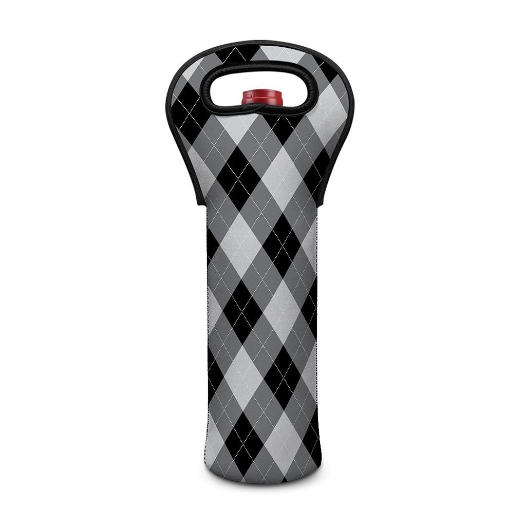 Grey And Black Argyle Pattern Print Single Neoprene Wine Tote