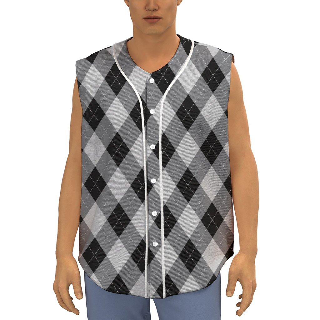Grey And Black Argyle Pattern Print Sleeveless Baseball Jersey