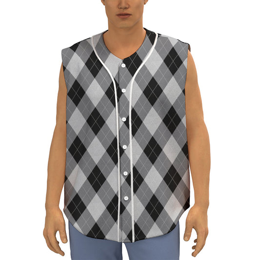 Grey And Black Argyle Pattern Print Sleeveless Baseball Jersey