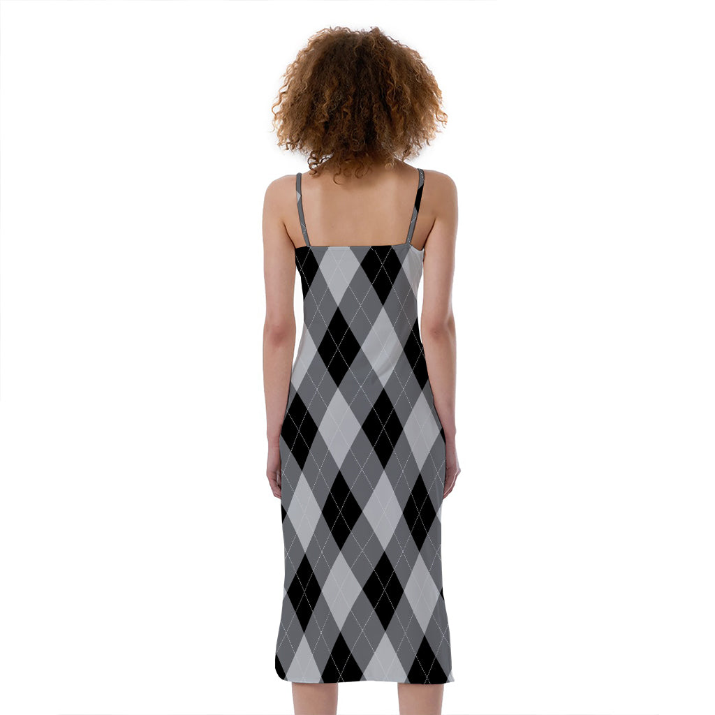 Grey And Black Argyle Pattern Print Slim Fit Midi Cami Dress