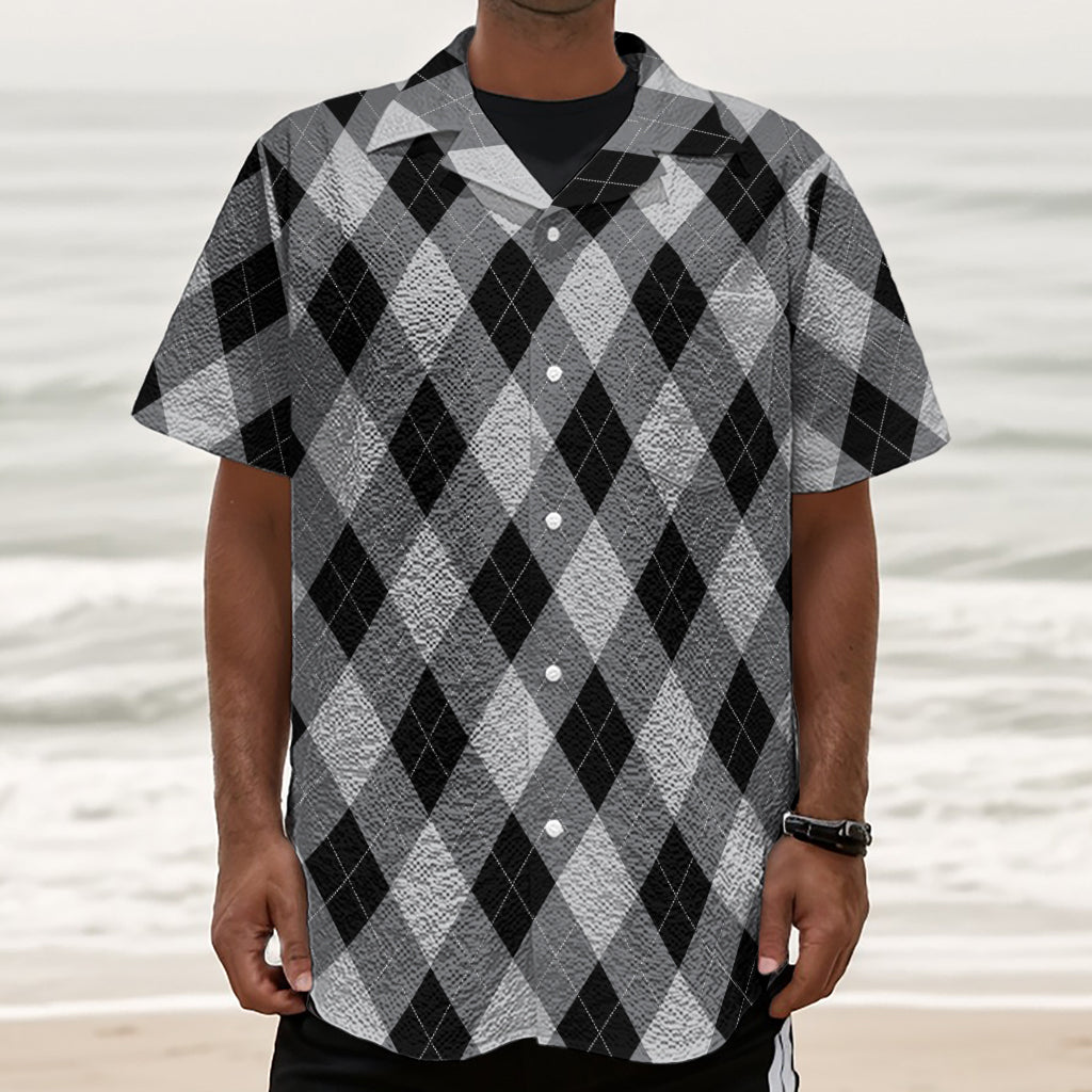 Grey And Black Argyle Pattern Print Textured Short Sleeve Shirt