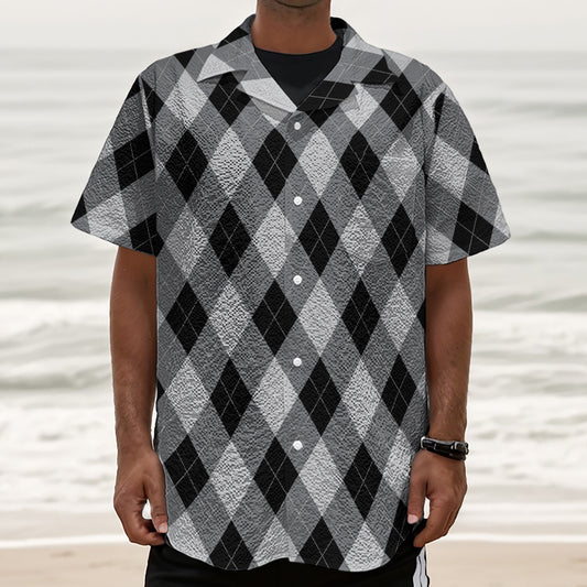 Grey And Black Argyle Pattern Print Textured Short Sleeve Shirt