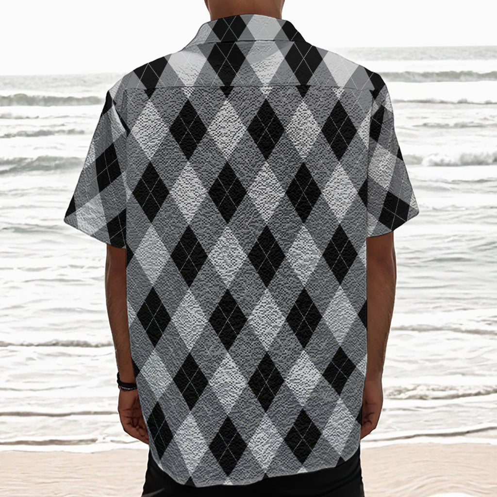 Grey And Black Argyle Pattern Print Textured Short Sleeve Shirt