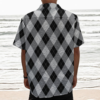 Grey And Black Argyle Pattern Print Textured Short Sleeve Shirt