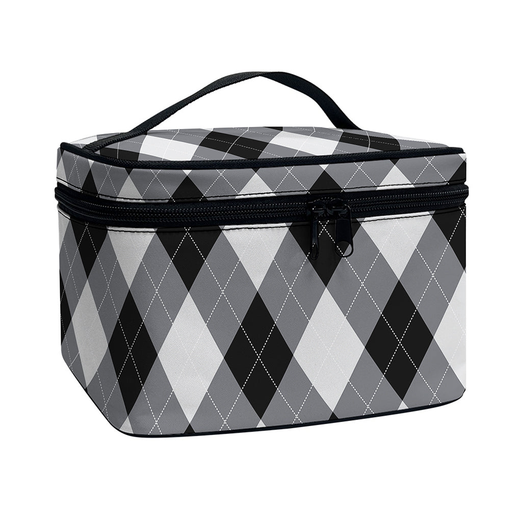 Grey And Black Argyle Pattern Print Travel Makeup Bag