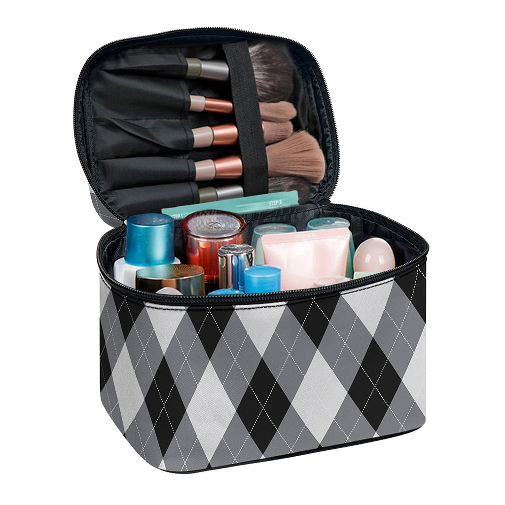 Grey And Black Argyle Pattern Print Travel Makeup Bag