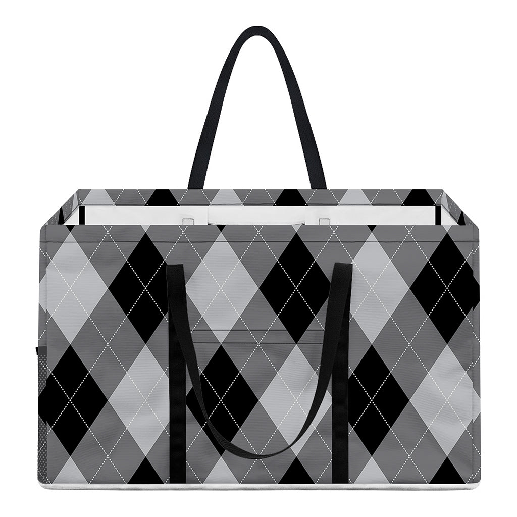 Grey And Black Argyle Pattern Print Utility Tote Bag
