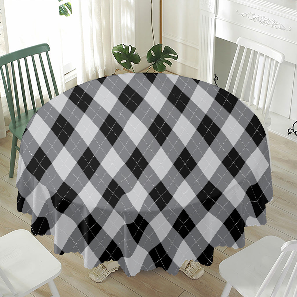 Grey And Black Argyle Pattern Print Waterproof Round Tablecloth