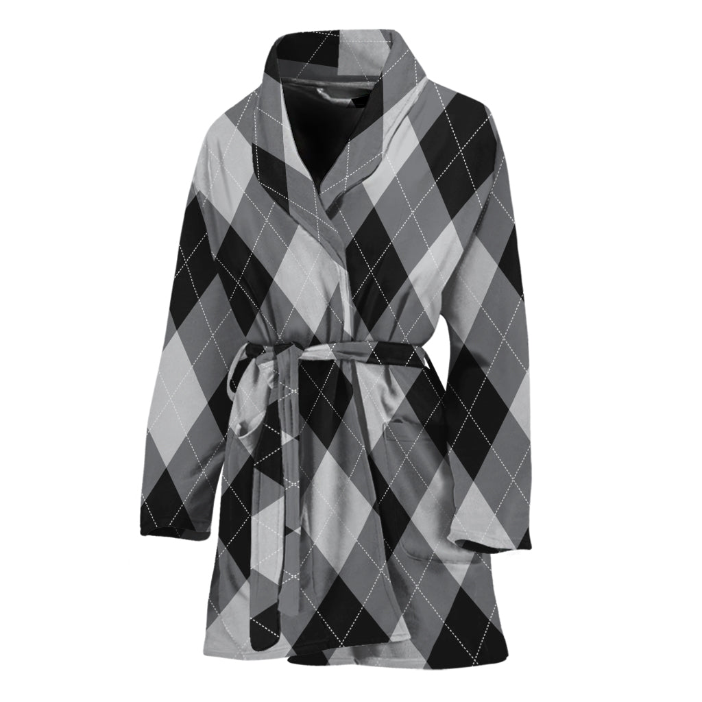 Grey And Black Argyle Pattern Print Women's Bathrobe