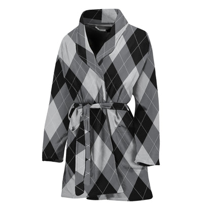 Grey And Black Argyle Pattern Print Women's Bathrobe