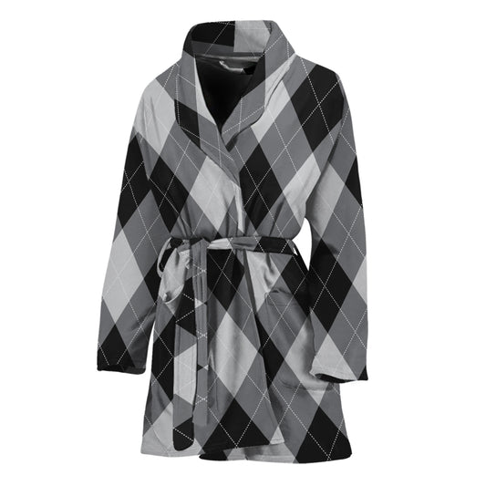 Grey And Black Argyle Pattern Print Women's Bathrobe