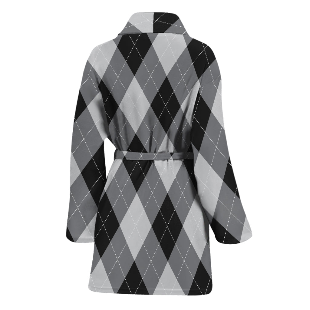 Grey And Black Argyle Pattern Print Women's Bathrobe