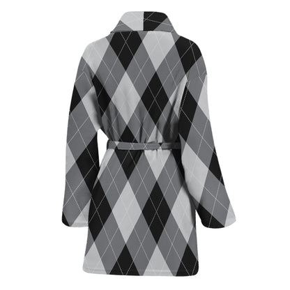 Grey And Black Argyle Pattern Print Women's Bathrobe
