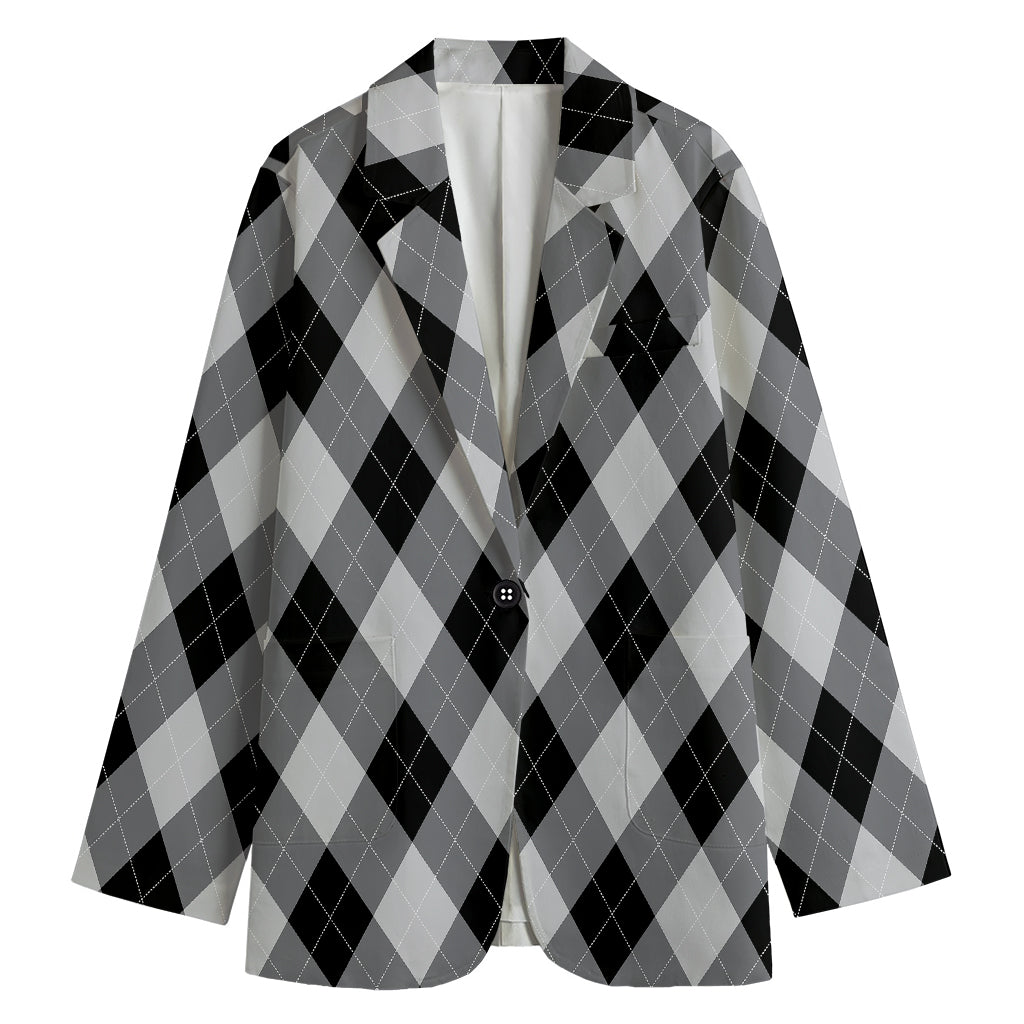 Grey And Black Argyle Pattern Print Women's Blazer